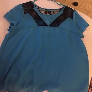 Blue and black lace sheer top