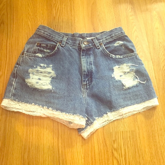 High Waisted Ripped jean shorts w/ lace trim - Picture 1 of 3