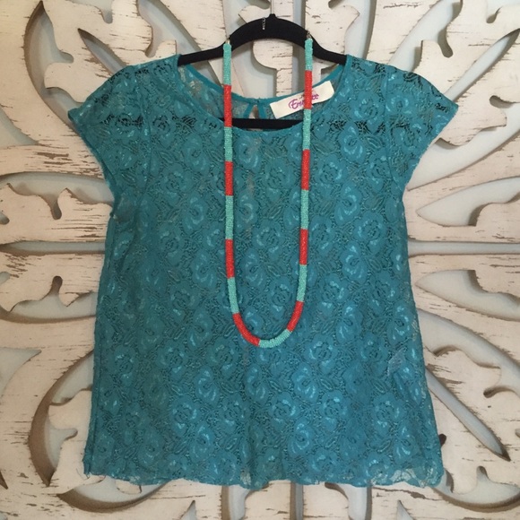 Teal lace top with button detail in back, size M