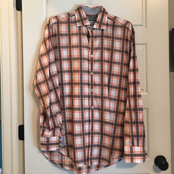 Thomas Dean Orange & Brown Plaid Men's Dress Shirt