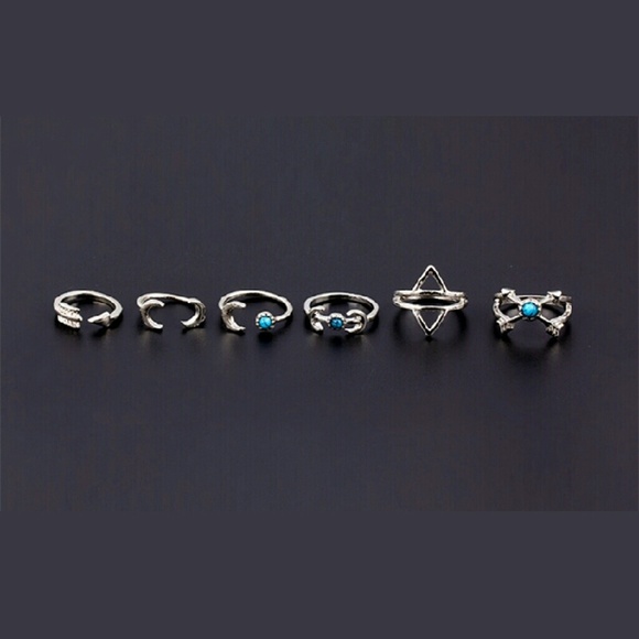 Silver & Turquoise Midi Rings 6pcs Set - Picture 2 of 4