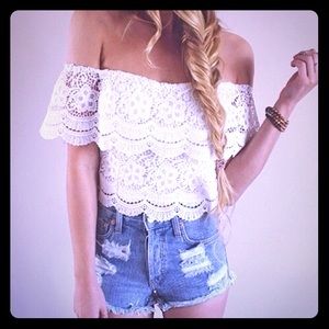 White shoulder crop top