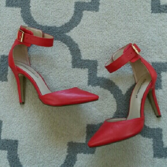 Red ankle strap pumps