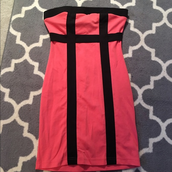 Beautiful salmon and black strapless dress