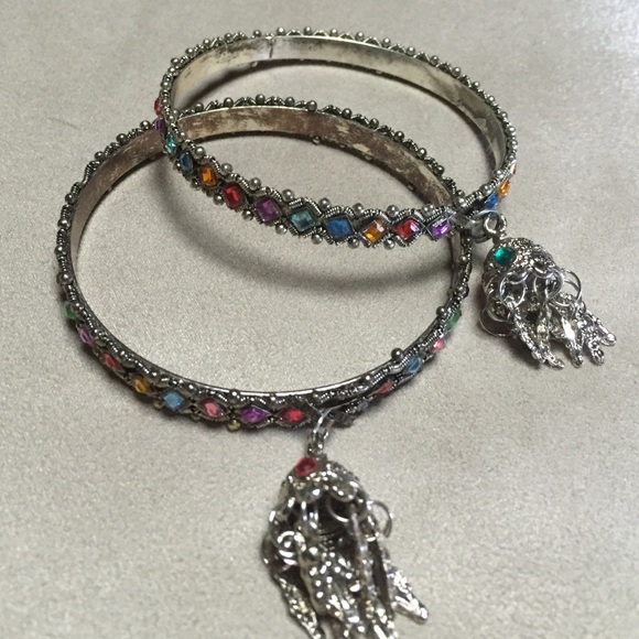 Silver toned faux gemstone bangle bracelets
