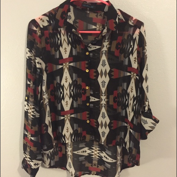 Aztec high low button down blouse