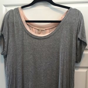 Soft heather gray T w light peach silk underlayer