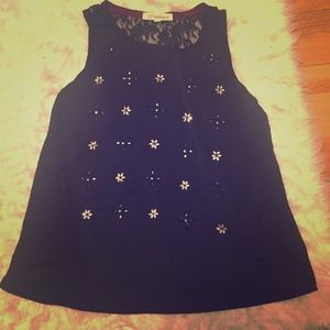 Black Flower Sleeveless Blouse W/ Lace Back