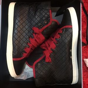 Lanvin Black Leather Quilted Red Laces Sneakers .