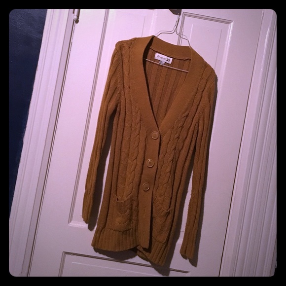 Mustard yellow cable knit sweater cardigan