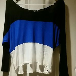 Blue white and black tshirt