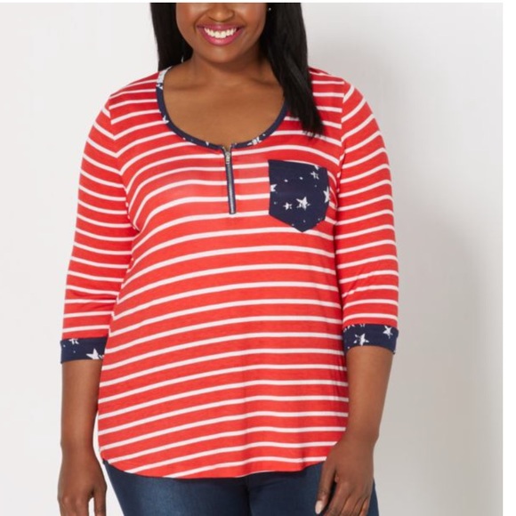 Plus Stars Trim Striped Zip Henley - Picture 2 of 3