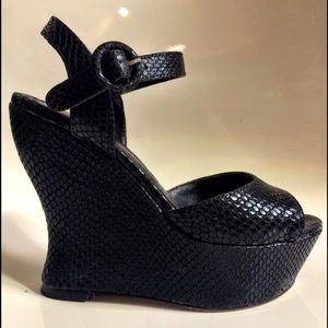 ALICE + OLIVIA Black Leather Wedge Platform Heels