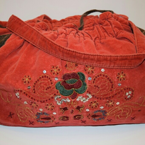 Velvet Orange and Brown Embroidered Tote