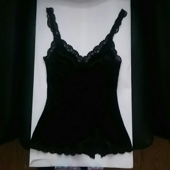 A black velvet and lace tank top