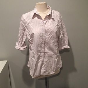 White button down with pink and gray stripes