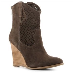 Crown vintage iris laser cut brown suede booties