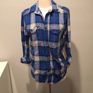 Blue flannel with red and white pattern