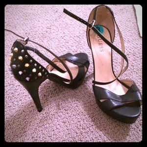 Guess black leather strappy studded heels size 8
