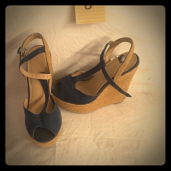Navy Blue Peep Toe Espadrilles Wedges