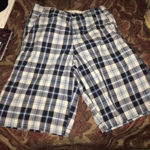 Blue and white flannel shorts.