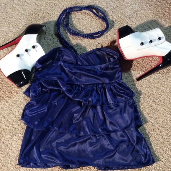 Dark Royal Blue Satin Ruffle Top by Rampage - S - Picture 4 of 4