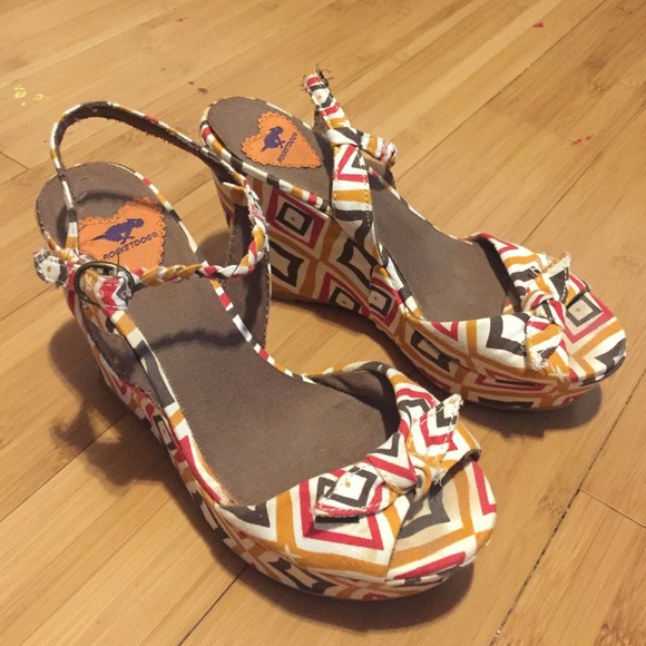 Tribal orange red brown yellow wedge heels