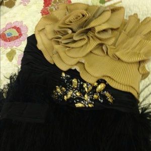 Terani Coutire black champagne feather dress