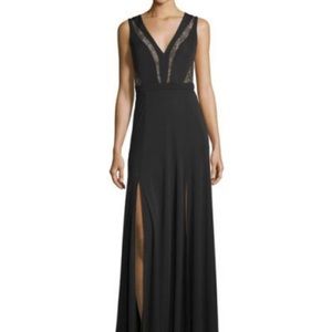BCBG V neck gown w/ lace insets