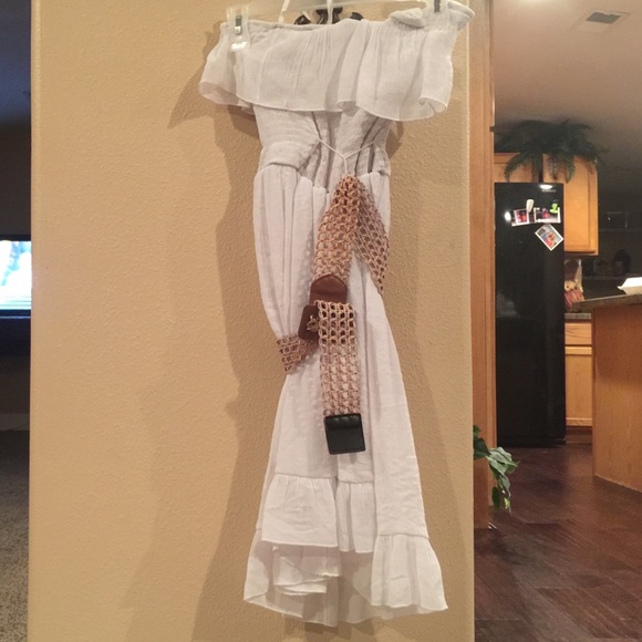 white long dress with brown belt