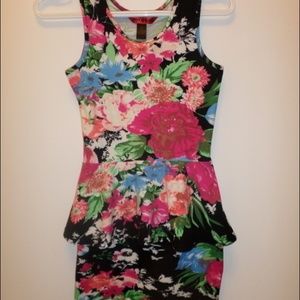 Floral peplum body con dress