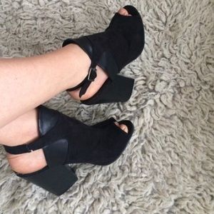 Chunky peep toe black heels- new with box!!