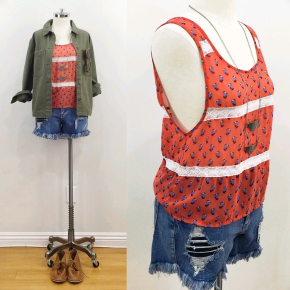 [ one clothing ] coral printed tank lace detail - Picture 2 of 4