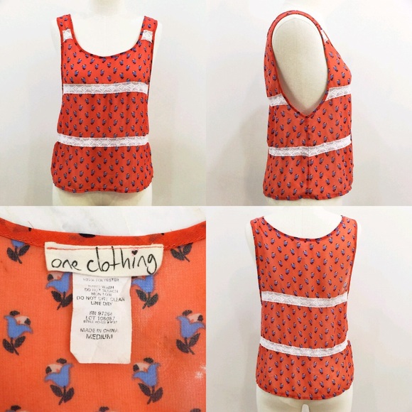 [ one clothing ] coral printed tank lace detail - Picture 3 of 4