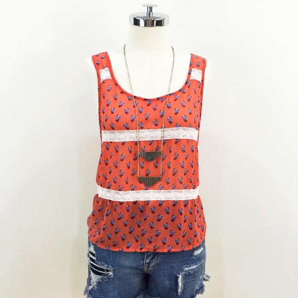 [ one clothing ] coral printed tank lace detail - Picture 4 of 4