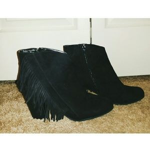 Black fringe heeled booties