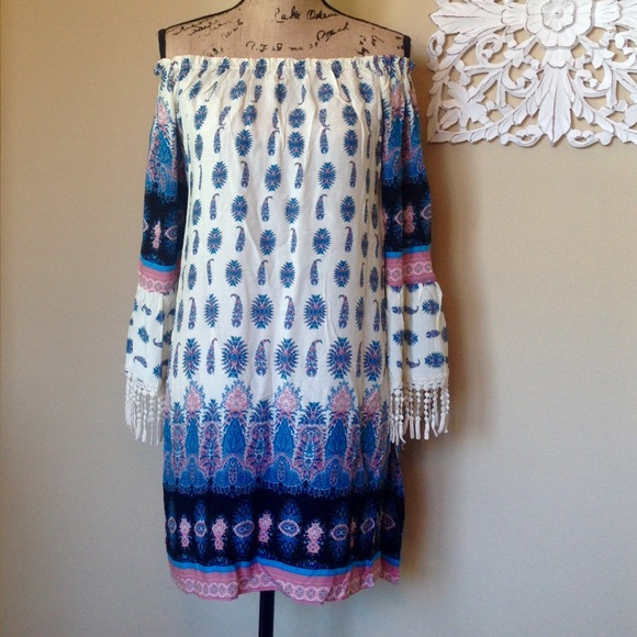 Pink & Blue Off the Shoulder Fringe Dress - Picture 2 of 4