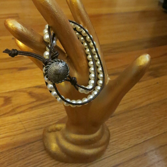 Swarovski pearl and leather double wrap bracelet - Picture 1 of 3