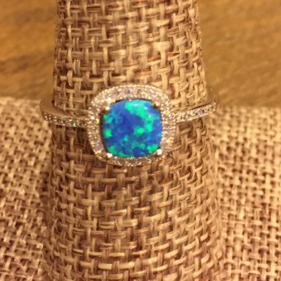 Blue Lab Opal Sterling Silver Ring with CZ 925 - Picture 3 of 4