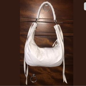 Miu Miu White Leather Fringed Hobo Bag.