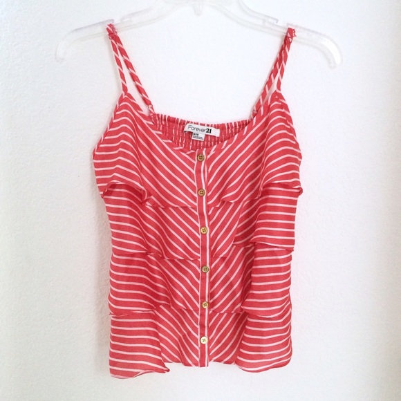 Red & white striped silky ruffled tank top