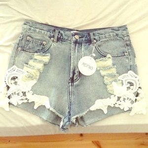 Xenia Boutique Denim Shorts with Crochet Detail