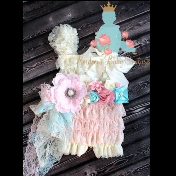 Ivory and pink baby lace romper