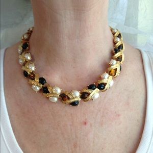 Vintage gold, pearl, and amber statement necklace
