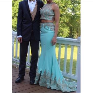 Aqua gold two piece prom dress
