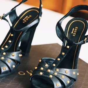 Gucci black leather gold studded heels