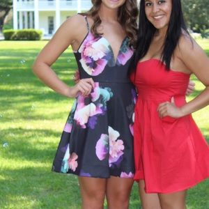 Plunge floral black and purple fit and flare dress