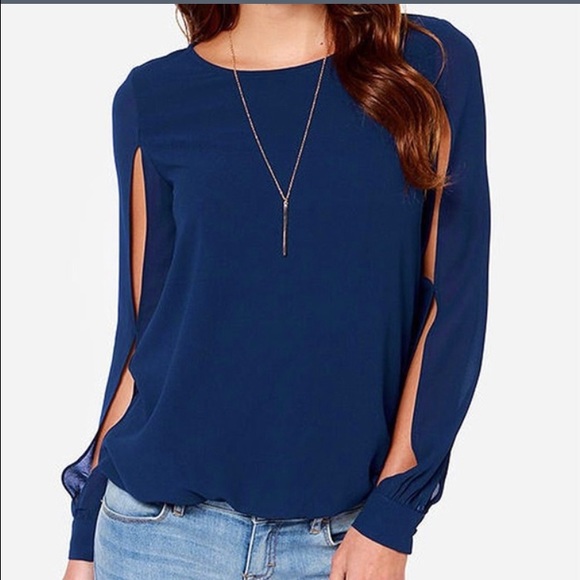 Navy blue chiffon long sleeve blouse - Picture 2 of 4