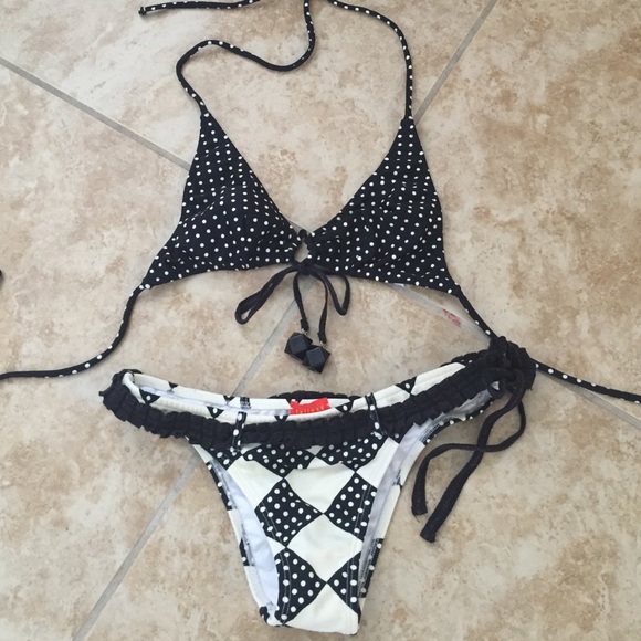 Ivory and black polka dot bikini