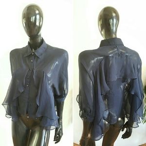 Gracia Dark Blue Cute Hi Lo Ruffle Shirt